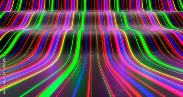 Fototapeta 3d rendering. The image is a digital art with multi-colored lines converging to a vanishing point, creating an effect of perspective and depth. The vibrant colors and illusion of movement make it