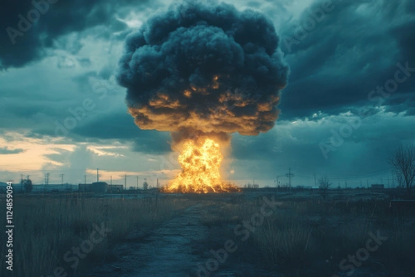 Fototapeta Nuclear bomb explosion and mushroom shaped cloud of smoke and fire. Testing nuclear weapon. Nuclear danger during Russian-Ukrainian war. Generated AI