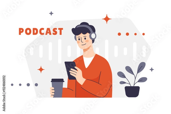 Fototapeta Illustration of a person listening to a podcast with headphones, holding a smartphone and a cup of coffee. Sound waves and a plant are depicted in the background. The character is looking at the phone