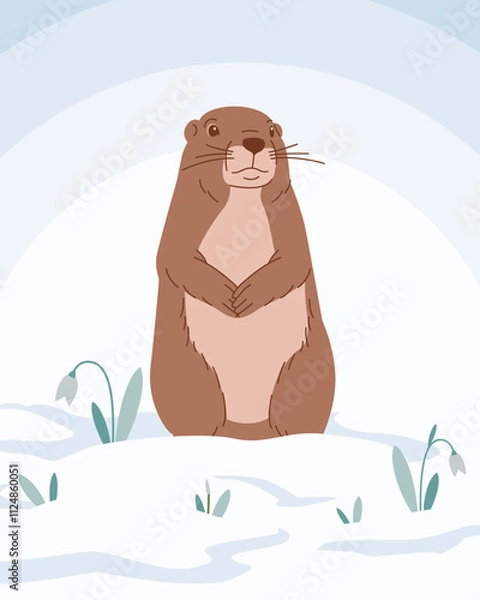 Fototapeta Vector illustration of a cartoon groundhog crawled out of his hole surrounded by snow and snowdrops. Groundhog against a winter landscape. Rodent illustration for children's books, covers, calendars