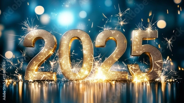 Fototapeta Sparkling 2025 New Year Celebration with Golden Numbers, Fireworks, and Bokeh Lights.