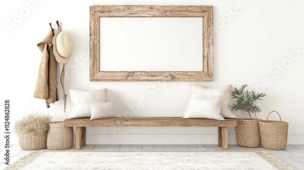 Fototapeta Charming Entryway With Rustic Wooden Bench, Decorative Pillows, and Woven Baskets in a Bright, Minimalistic Setting