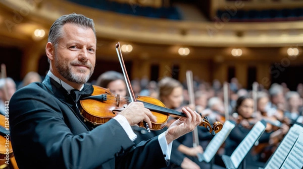 Fototapeta Violinist Performs in Front of a Large Orchestra at a Concert Hall During an Evening Classical Music Event