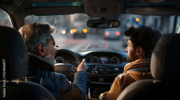 Fototapeta A driving instructor is teaching a learner how to get his license. Both are inside a car; the instructor points to the dashboard while the trainee watches and follows instructions attentively.