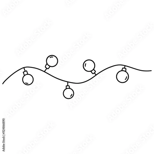 Obraz Garland with glowing bulbs. Christmas and New Year decoration. Black and white vector isolated illustration hand drawn doodle. Seasonal festive element. Single card or icon contour clip art