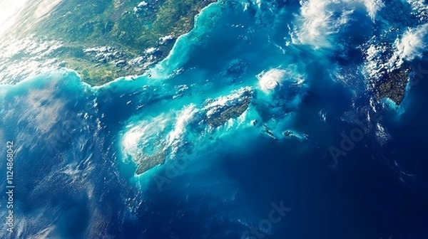 Obraz Aerial view of islands surrounded by vibrant blue ocean waters.