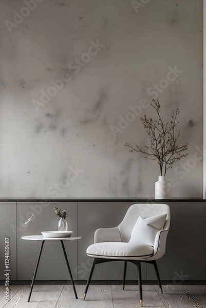 Fototapeta Aesthetic elegant minimalist modern interior design. Clear mock up empty wall for decoration in the apartment. Copy space in the room. Neutral palette of natural colors.