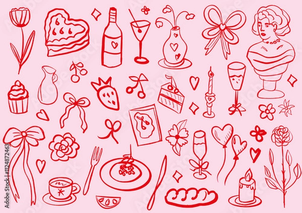 Fototapeta Whimsical coquette food and wine red and pink background. La dolce vita concept. Design elements for Valentines Day greeting cards, wedding invitations, birthday. Vector illustration