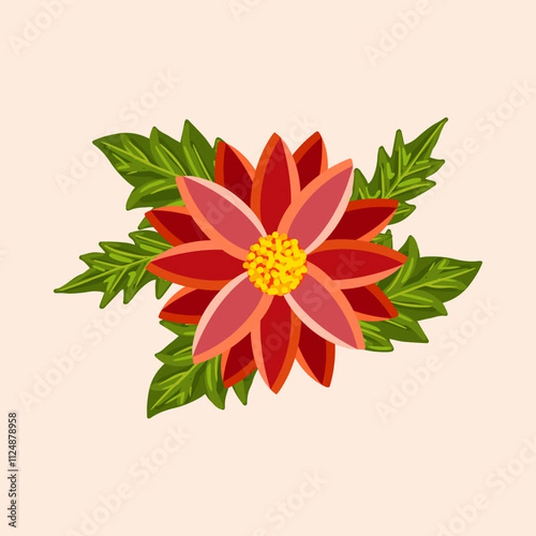 Fototapeta Bright colorful flower with leaves. Botanical vector isolated illustration for postcard, poster, ad, decor, fabric and other uses.