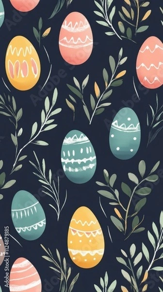 Fototapeta A pattern with pastel-colored Easter eggs and greenery, set against a navy blue background. 