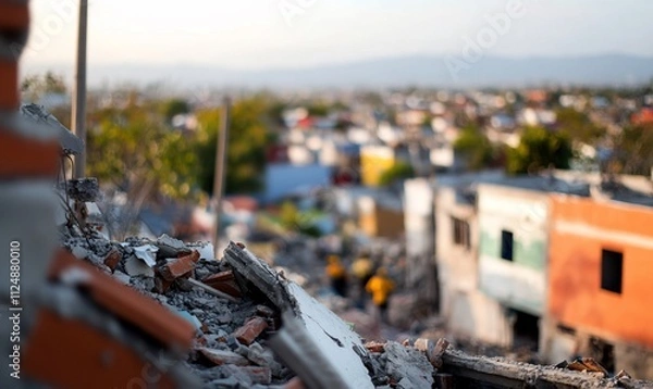 Fototapeta A view of damaged buildings in a neighborhood after a disaster.