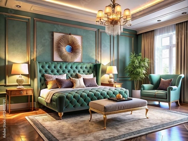 Fototapeta Captivating Interior Design of a Cozy Bedroom Featuring a Stylish Sofa, Plush Carpet, and Elegant Decor for a Relaxing Atmosphere