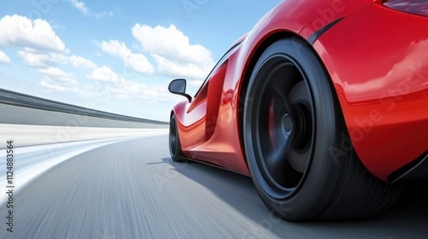 Fototapeta Dynamic Close-Up View of a Red Sports Car Racing on a High-Speed Track
