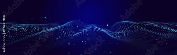 Fototapeta Futuristic background of moving, glowing particles on a black background. Large amount of data. 3D rendering.