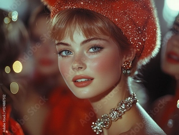 Obraz portrait of a young and beautiful party woman in the 1960s or 1950s, generative ai