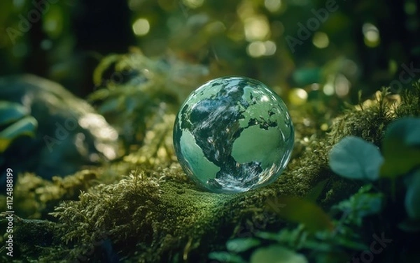 Fototapeta A close-up of a surreal glass globe with a green Earth, set on lush mossy ground. 