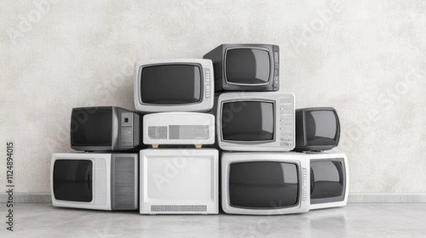 Fototapeta Obsolete electronics, a collection of vintage televisions representing past entertainment and broadcast technology