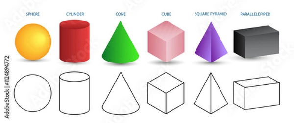 Fototapeta Set of 3d geometric shapes. Isometric views of sphere, cylinder, cone, cube, pyramid and parallelepiped. Vector illustration isolated on white background.