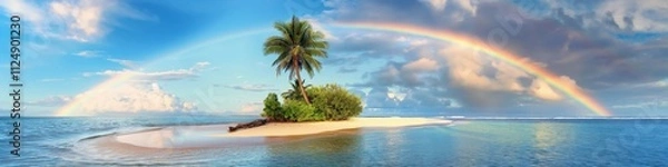 Fototapeta A tropical island with a palm tree and a rainbow in the sky. The island is surrounded by water and the sky is cloudy
