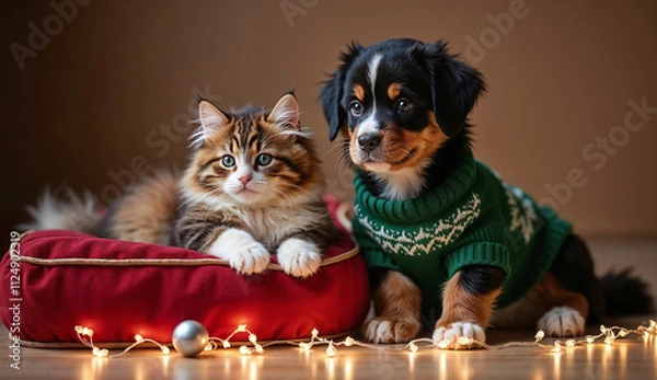 Fototapeta Cozy Christmas Scene with Cat lying on a red pillow and Bernese Mountain dog in a green sweater. Pets Puppies in a studio decorated for the end of the year.