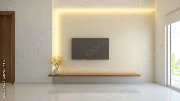 Fototapeta Modern Minimalist Living Room Interior with Sleek TV and Warm Lighting