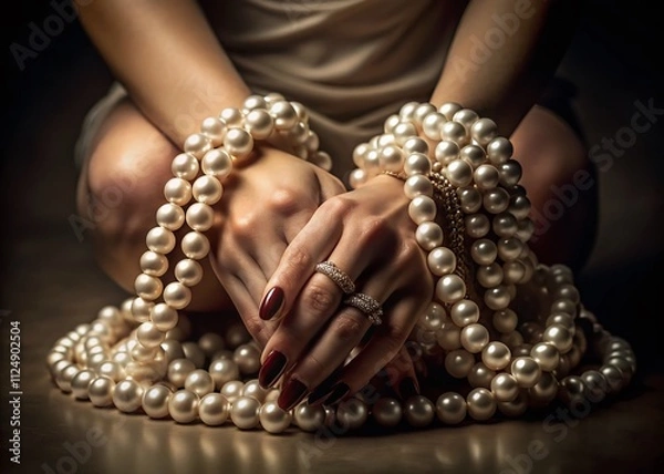 Fototapeta Captivating Low Light Photography of Delicate Hands and Legs Adorned with Shimmering Pearls, Highlighting Texture and Elegance in a Softly Lit Environment