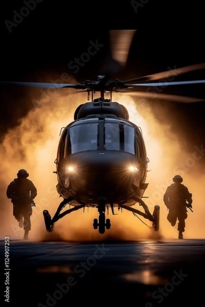 Fototapeta Army helicopter hovers over desert, casting shadows on tactical soldiers advancing through sand. Golden hues and swirling dust emphasize resilience, mission readiness under harsh conditions.