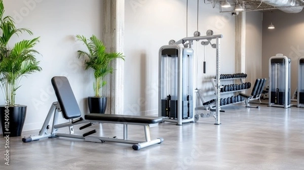 Obraz Modern and Minimalist Gym Interior with Exercise Equipment and Natural Plants