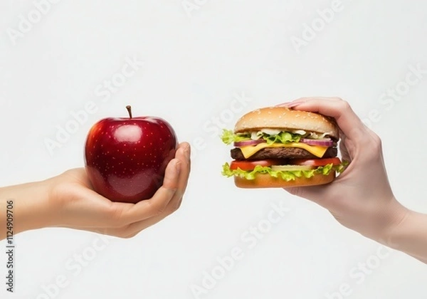 Fototapeta fast food,hands holding hamburger and apple