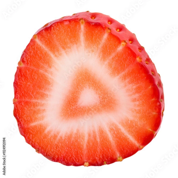 Fototapeta Detailed close up of a ripe strawberry slice showcasing its luscious red flesh, seeds, and white core on a clear backdrop