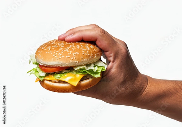Fototapeta hand holding hamburger on white background