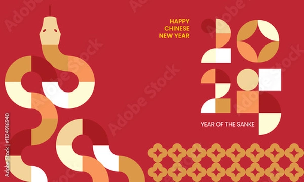 Fototapeta 2025 Chinese new year modern art background, year of the snake banner template design with modern geometric style snakes on colourful, red background. Chinese zodiac Snake symbol