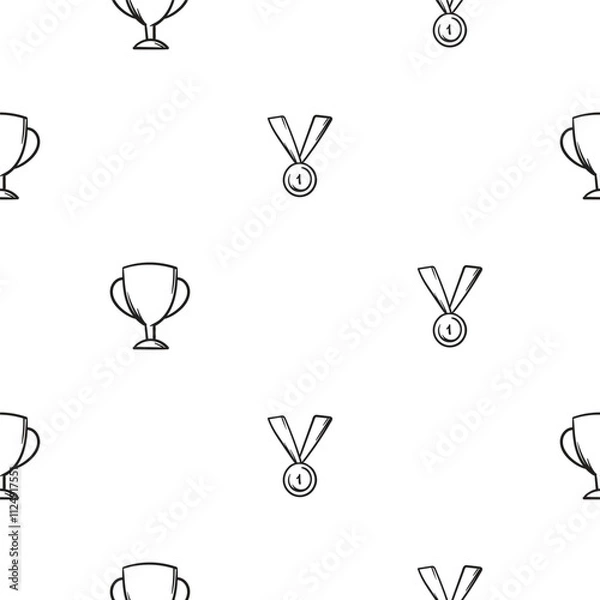 Fototapeta Simple black and white seamless pattern with sports cups and medals. Vector background with sports and sports equipment for decoration, wrapping paper, print
