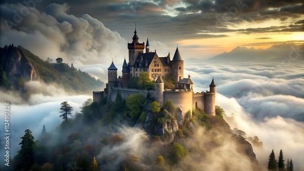 Fototapeta Majestic castle shrouded in mist atop a mystical mountain peak
