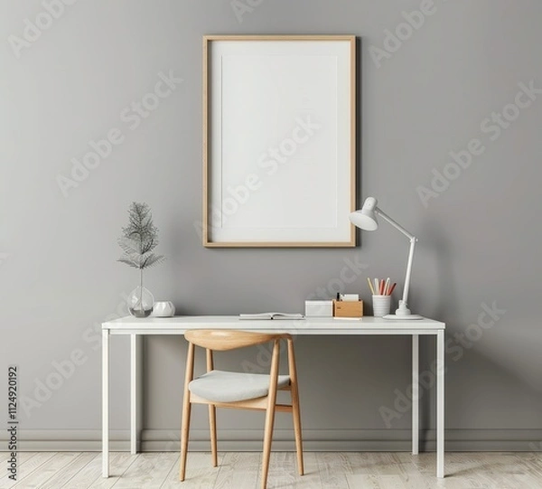 Fototapeta Minimalist home office workspace with a desk. chair. lamp. and a framed mockup poster on the wall