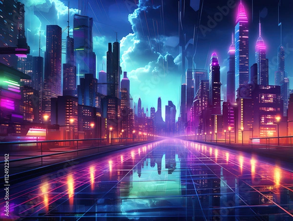 Fototapeta Eye catching A vibrant, futuristic cityscape with neon lights and reflections on water