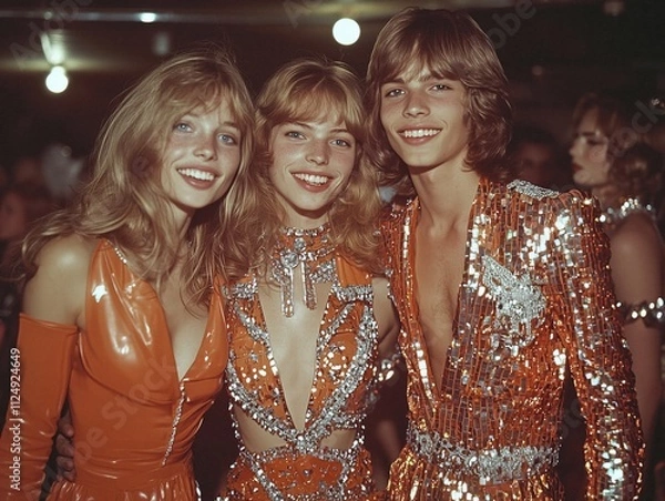 Obraz three beautiful young women on a 70s style new years eve party, generative ai