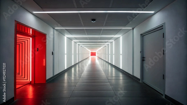 Fototapeta background corridor white and red neon laser lights glowing vibrantly against