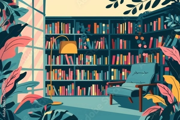 Fototapeta A cozy reading nook surrounded by bookshelves and greenery, inviting relaxation and exploration.