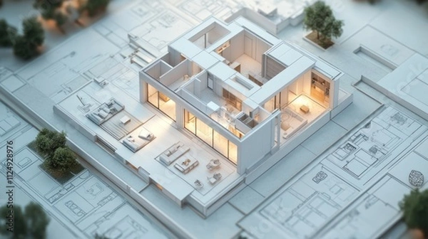 Obraz Custom house blueprint with innovative designs such as split-level living areas and connected courtyards