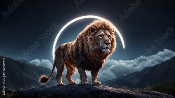 Fototapeta Majestic lion standing on rock with glowing circle against celestial sky