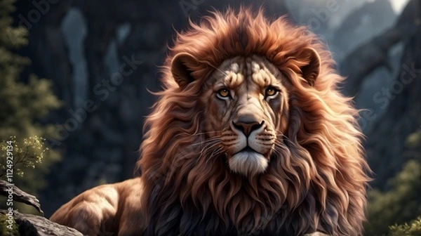 Fototapeta Majestic lion with a flowing mane resting in the serene wilderness