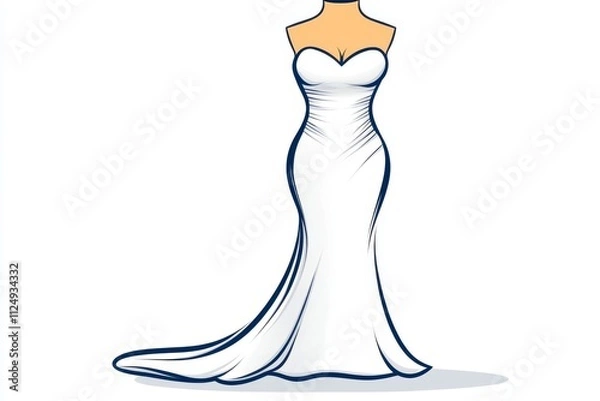 Obraz A clean flat vector of a wedding dress with a long train, drawn with simple lines and subtle shading on a crisp white canvas