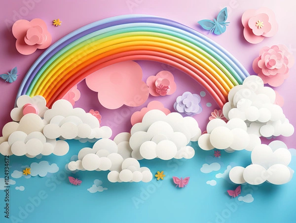 Fototapeta Incredible Paper cut landscape banner with rainbow and clouds made in realistic paper craft art