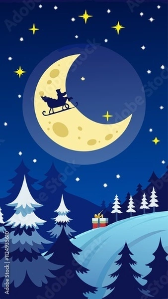 Fototapeta A Christmas scene with a man and a horse on a sleigh flying over a large moon
