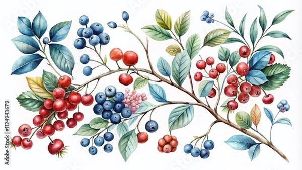 Fototapeta Captivating Set of Realistic Watercolor Botanical Illustrations Featuring Delicate Red and Blue Berries on Branches with Minimalist Aesthetic for Modern Decor