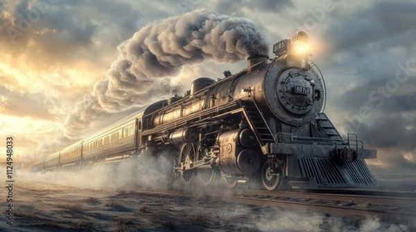 Fototapeta A hybrid image: steam locomotive turning into a maglev train, capturing centuries of industrial progress leading to Industry 5.0