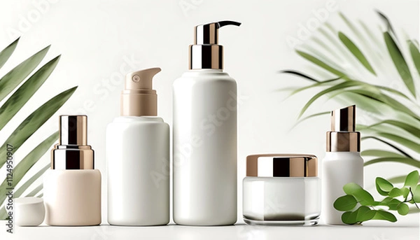 Fototapeta Elegant skincare containers arranged with greenery, showcasing modern aesthetic. These refillable bottles and jars highlight sustainability and beauty in serene setting