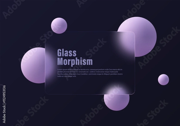 Fototapeta Glass morphism design with frosted glass and floating blue spheres spheres on a dark background.