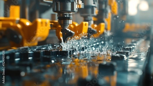 Fototapeta Automated injection molding line producing plastic components, molten plastic injected into molds, cooling and ejection cycles visible